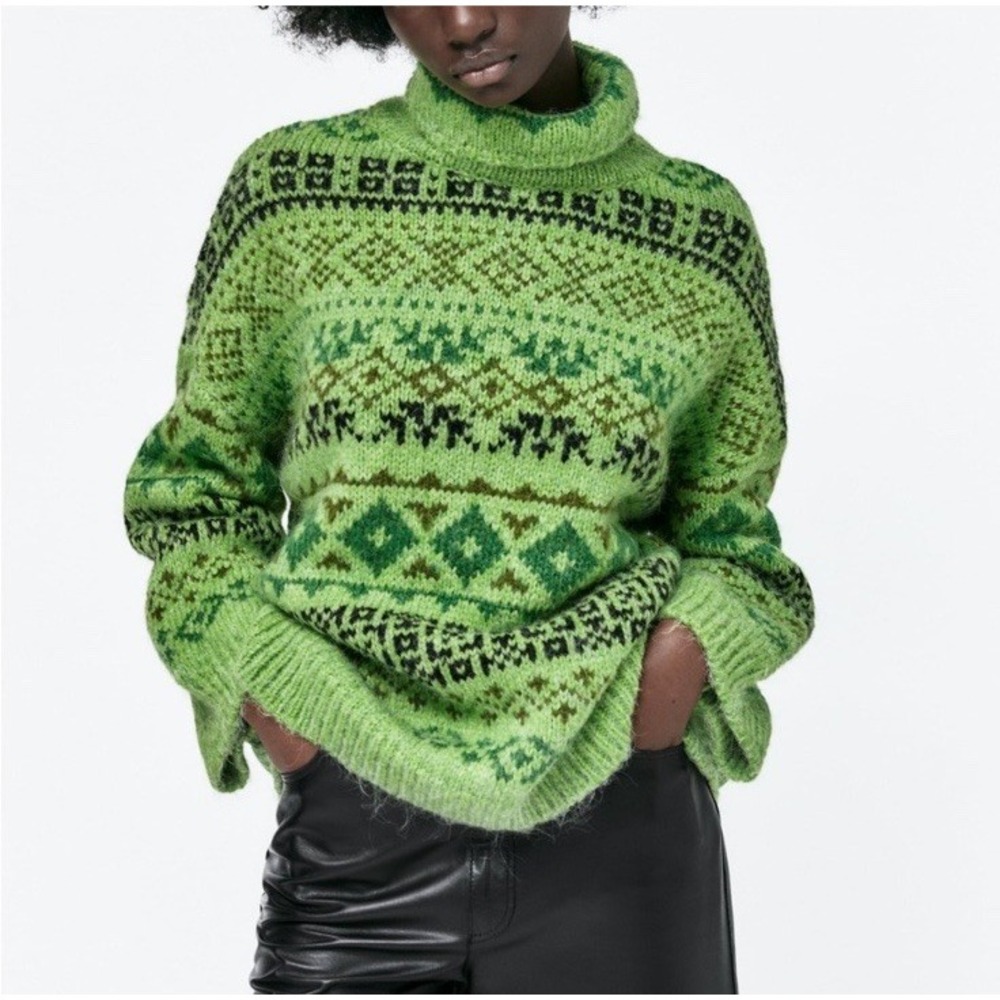 ZARA WOMAN LOOSE-FITTING OVERSIZE JACQUARD‎ KNIT SWEATER GREEN REF. 5802/144 Med